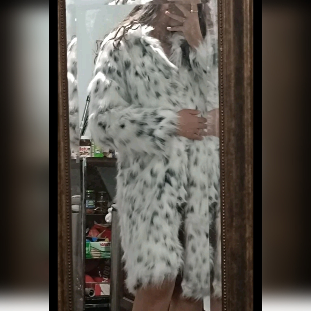 Ladies' Faux Fur Long Coat, Fashionable Casual Leopard Print Black Faux Fur Outw - Picture 8 of 9